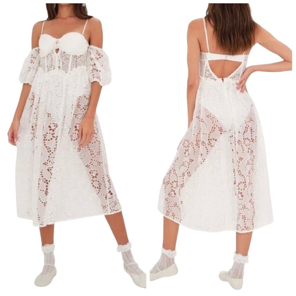 For Love & Lemons Romi Bridal Lace Midi Dress XS NWT
